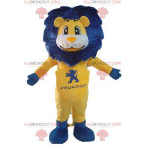Mascotte de lion blanc et jaune avec une crinière bleue -