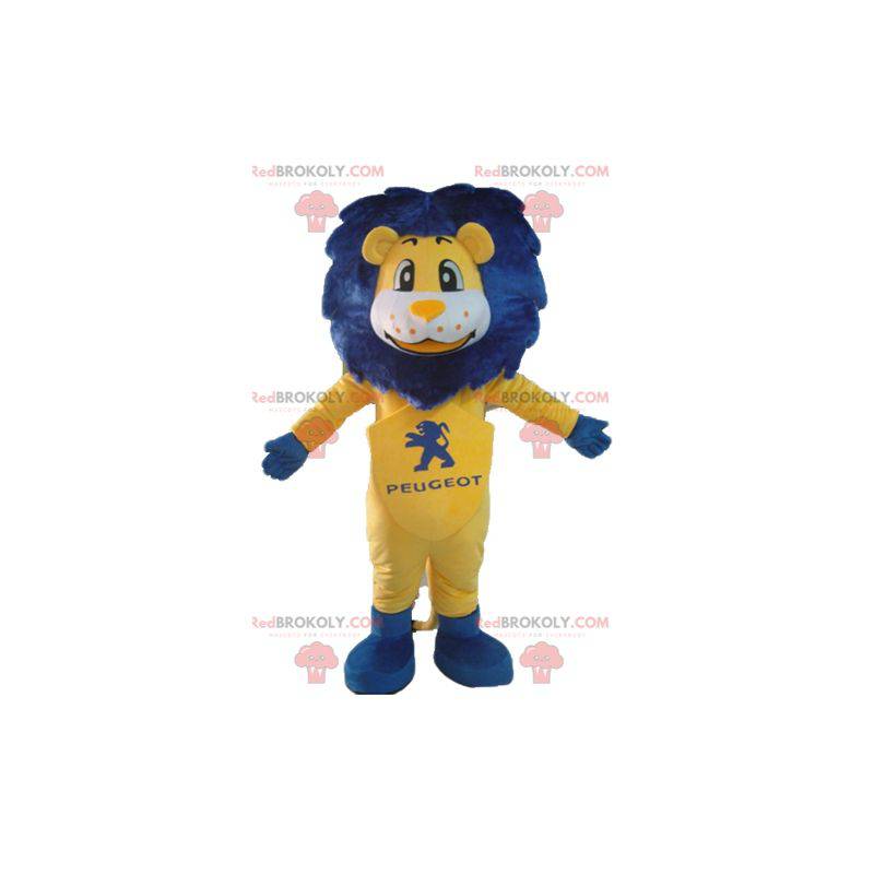 Vit och gul lejonmaskot med en blå man - Redbrokoly.com