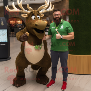 Olive Irish Elk mascot costume character dressed with a Henley Tee and Smartwatches
