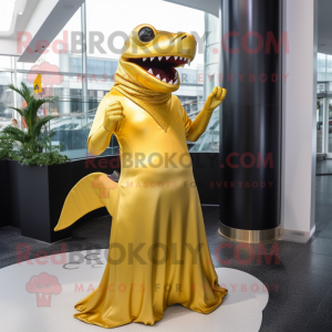 Gold Shark mascot costume character dressed with a Evening Gown and Wraps