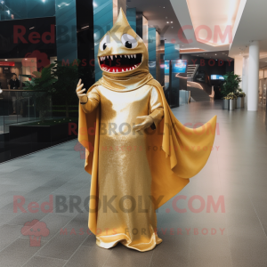 Gold Shark mascot costume character dressed with a Evening Gown and Wraps