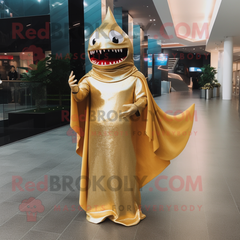 Gold Shark mascot costume character dressed with a Evening Gown and Wraps