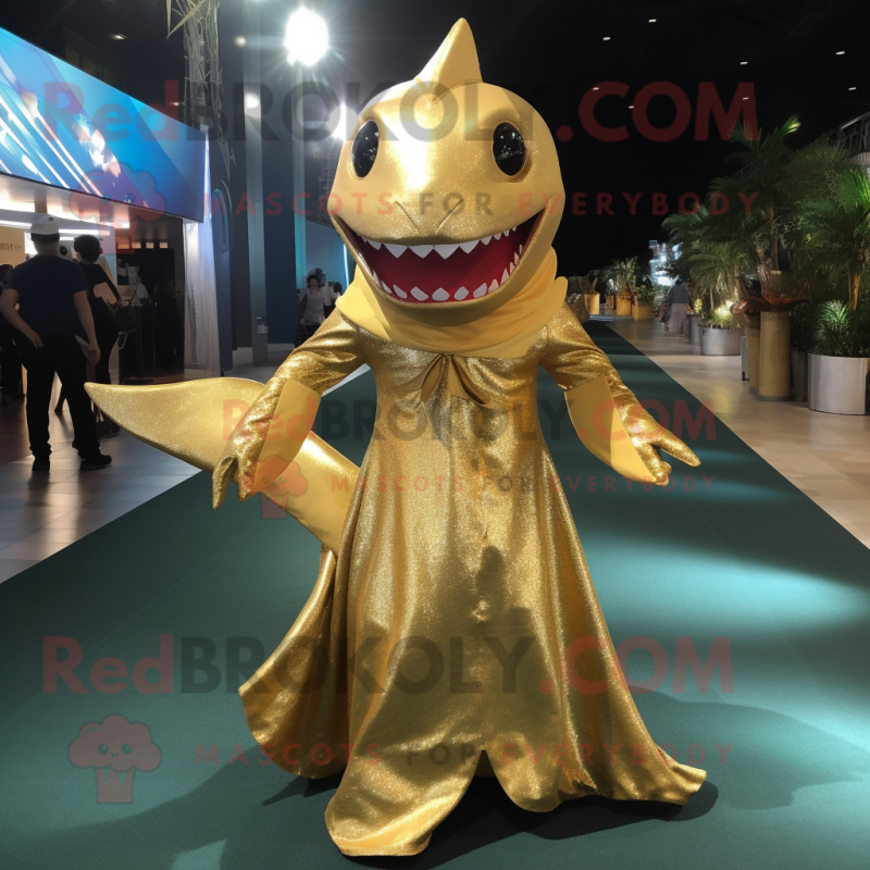 Gold Shark mascot costume character dressed with a Evening Gown and Wraps Gold Shark mascot costume character dressed with a Evening Gown and Wraps