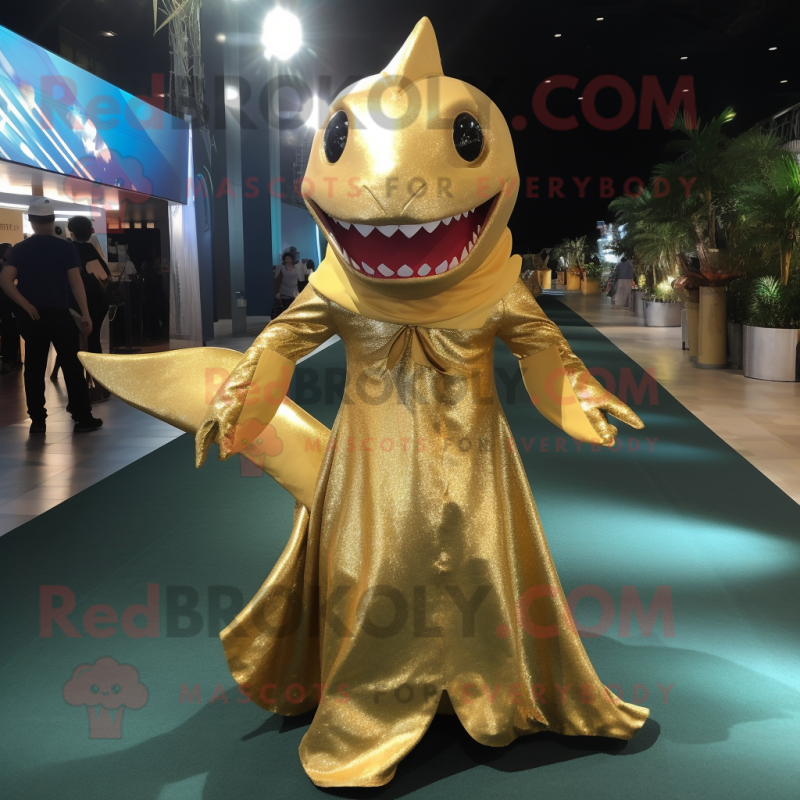 Gold Shark mascot costume character dressed with a Evening Gown and Wraps