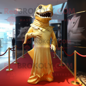 Gold Shark mascot costume character dressed with a Evening Gown and Wraps