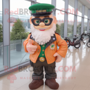 Peach Leprechaun Hat mascot costume character dressed with a Biker Jacket and Reading glasses