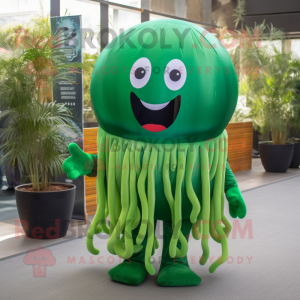 Forest Green Jellyfish mascot costume character dressed with a Poplin Shirt and Earrings