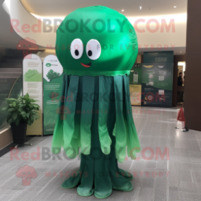 Forest Green Jellyfish mascot costume character dressed with a Poplin Shirt and Earrings