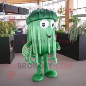 Forest Green Jellyfish mascot costume character dressed with a Poplin Shirt and Earrings