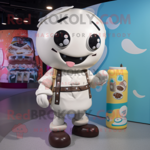 Cream Soda Can mascot costume character dressed with a Playsuit and Backpacks
