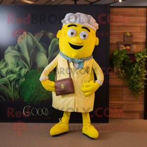 Lemon Yellow Paella mascot costume character dressed with a Oxford Shirt and Suspenders