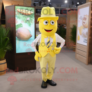 Lemon Yellow Paella mascot costume character dressed with a Oxford Shirt and Suspenders
