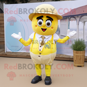 Lemon Yellow Paella mascot costume character dressed with a Oxford Shirt and Suspenders