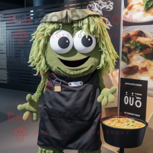 Olive Ramen mascot costume character dressed with a Cover-up and Suspenders