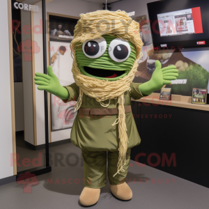 Olive Ramen mascot costume character dressed with a Cover-up and Suspenders