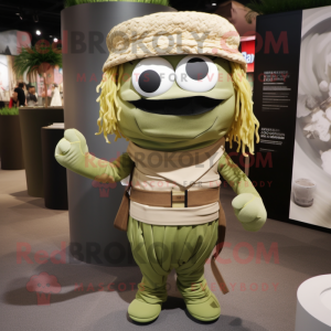 Olive Ramen mascot costume character dressed with a Cover-up and Suspenders