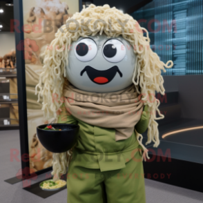 Olive Ramen mascot costume character dressed with a Cover-up and Suspenders