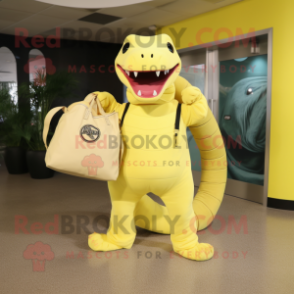 Lemon Yellow Titanoboa mascot costume character dressed with a Jeggings and Tote bags