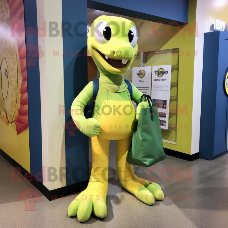 Lemon Yellow Titanoboa mascot costume character dressed with a Jeggings and Tote bags