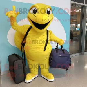 Lemon Yellow Titanoboa mascot costume character dressed with a Jeggings and Tote bags