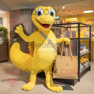 Lemon Yellow Titanoboa mascot costume character dressed with a Jeggings and Tote bags