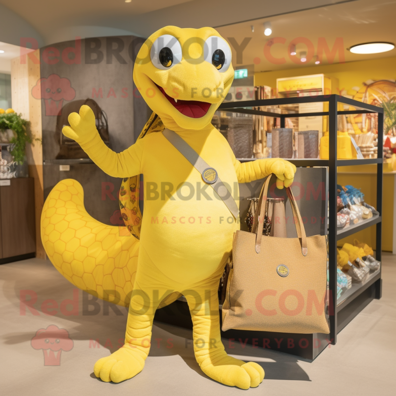 Lemon Yellow Titanoboa mascot costume character dressed with a Jeggings and Tote bags Lemon Yellow Titanoboa mascot costume character dressed with a Jeggings and Tote bags