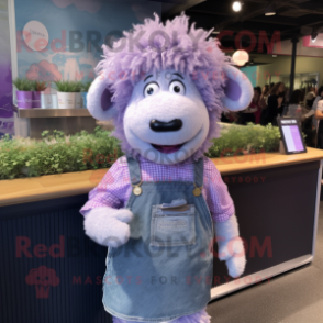 Lavender Beef Wellington mascot costume character dressed with a Denim Shorts and Hair clips