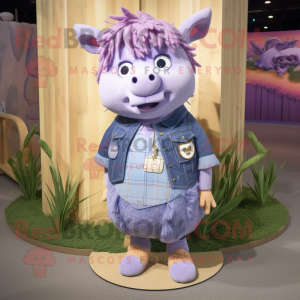Lavender Beef Wellington mascot costume character dressed with a Denim Shorts and Hair clips