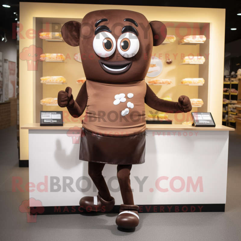 Brown Chocolate Bar mascot costume character dressed with a Running Shorts and Coin purses