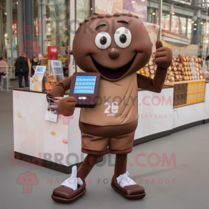 Brown Chocolate Bar mascot costume character dressed with a Running Shorts and Coin purses