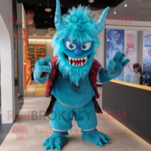 Cyan Demon mascot costume character dressed with a Culottes and Hair clips