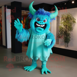 Cyan Demon mascot costume character dressed with a Culottes and Hair clips