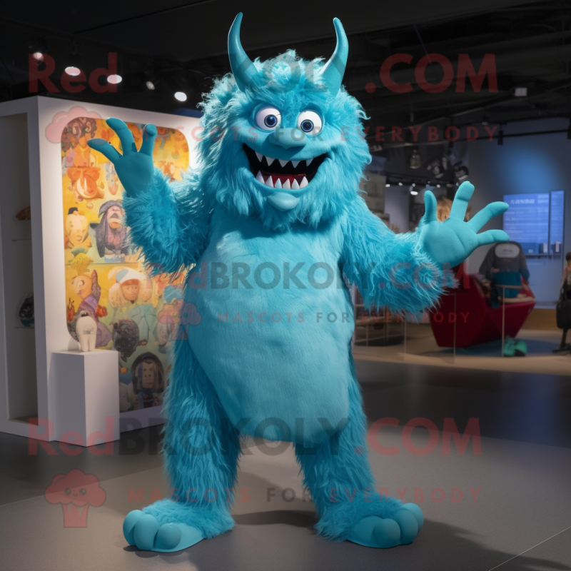 Cyan Demon mascot costume character dressed with a Culottes and Hair clips Cyan Demon mascot costume character dressed with a Culottes and Hair clips