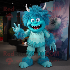 Cyan Demon mascot costume character dressed with a Culottes and Hair clips