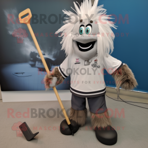 Gray Ice Hockey Stick mascot costume character dressed with a Dress Shirt and Hairpins