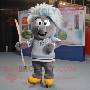 Gray Ice Hockey Stick mascot costume character dressed with a Dress Shirt and Hairpins