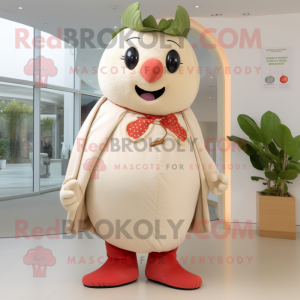 Beige Strawberry mascot costume character dressed with a Trousers and Shawls