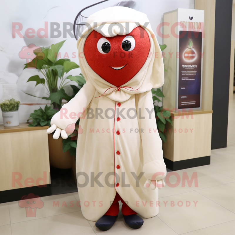 Beige Strawberry mascot costume character dressed with a Trousers and Shawls