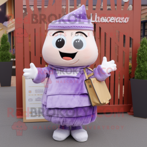 Lavender Lasagna mascot costume character dressed with a Blouse and Wallets