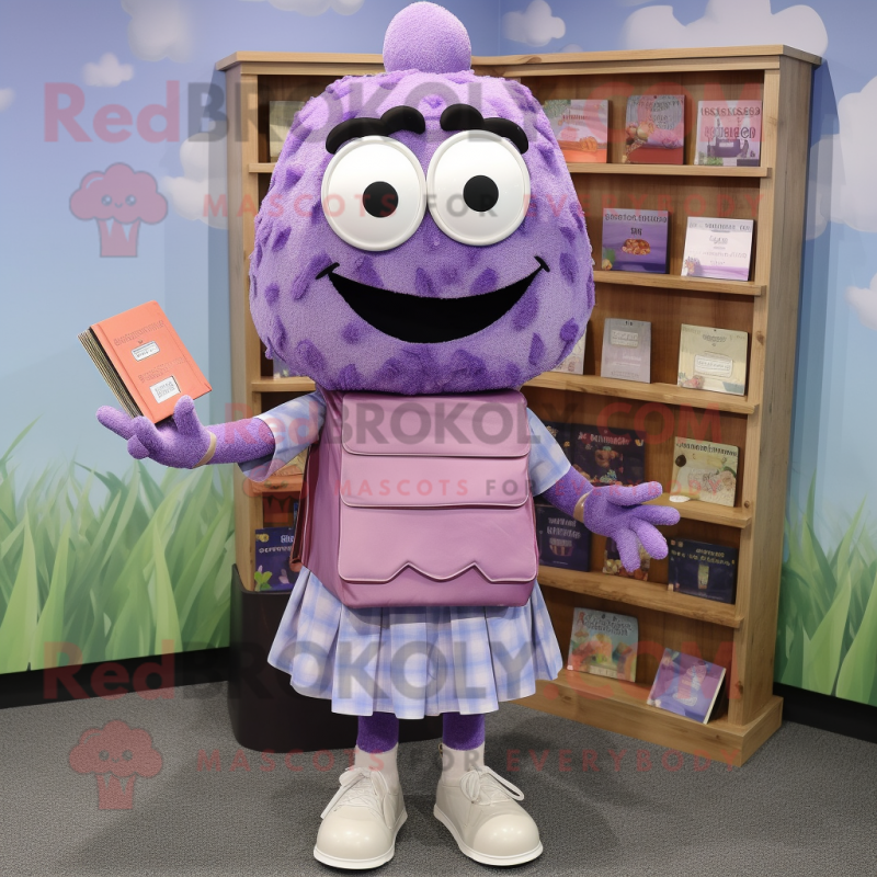 Lavender Lasagna mascot costume character dressed with a Blouse and Wallets Lavender Lasagna mascot costume character dressed with a Blouse and Wallets