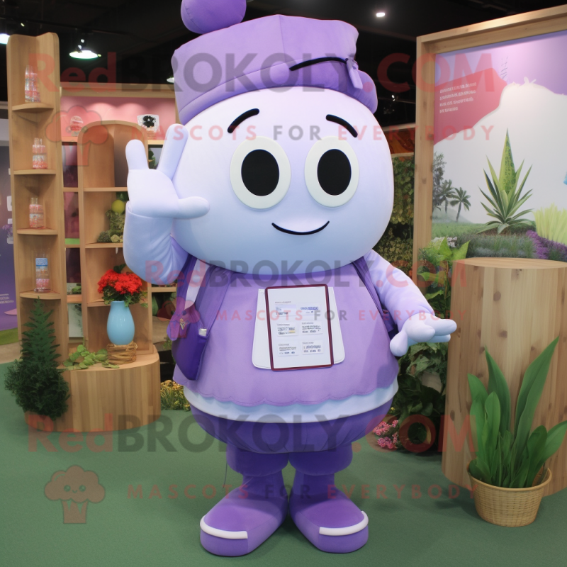Lavender Lasagna mascot costume character dressed with a Blouse and Wallets Lavender Lasagna mascot costume character dressed with a Blouse and Wallets