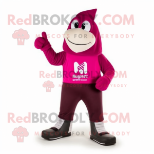 Magenta Aglet mascot costume character dressed with a V-Neck Tee and Foot pads