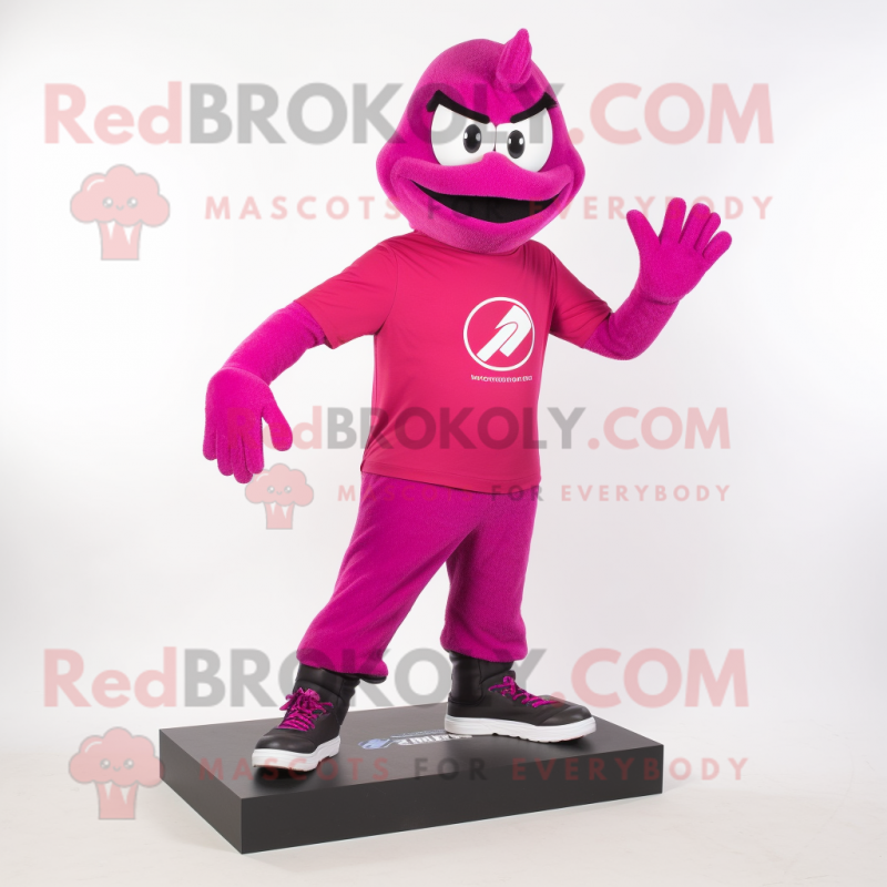 Magenta Aglet mascot costume character dressed with a V-Neck Tee and Foot pads