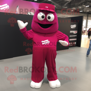 Magenta Aglet mascot costume character dressed with a V-Neck Tee and Foot pads