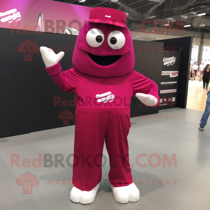 Magenta Aglet mascot costume character dressed with a V-Neck Tee and Foot pads Magenta Aglet mascot costume character dressed with a V-Neck Tee and Foot pads