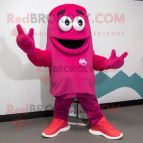 Magenta Aglet mascot costume character dressed with a V-Neck Tee and Foot pads