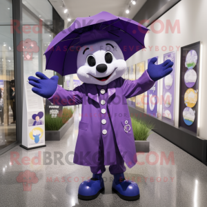 Purple Mime mascot costume character dressed with a Raincoat and Clutch bags