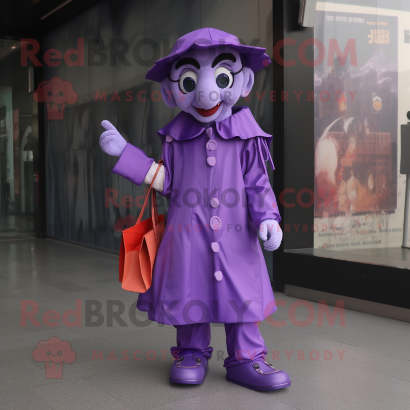 Purple Mime mascot costume character dressed with a Raincoat and Clutch bags