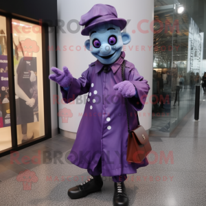 Purple Mime mascot costume character dressed with a Raincoat and Clutch bags
