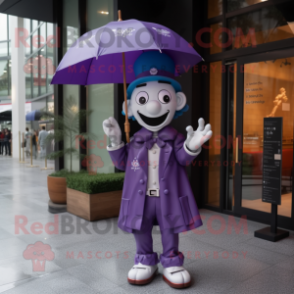 Purple Mime mascot costume character dressed with a Raincoat and Clutch bags